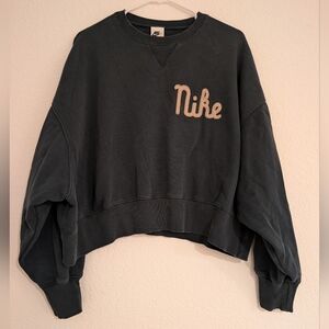 Nike Black Cropped Crewneck Sweatshirt with Beige Script Logo